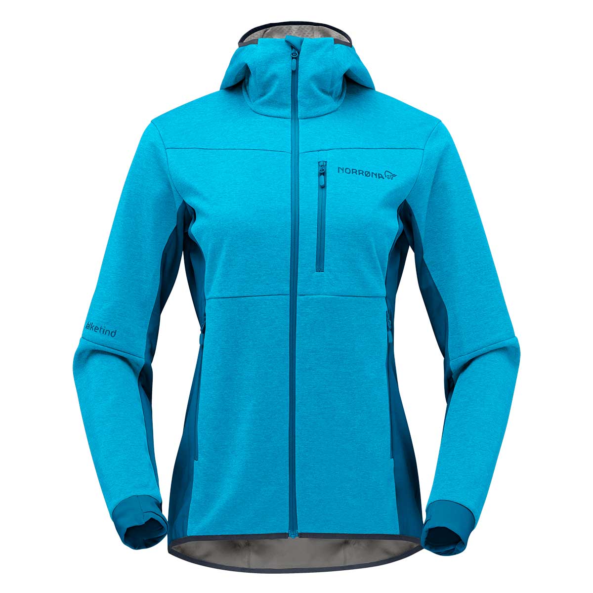 Norrona Falketind Warm 2 Octa Hood Women's in Aquarius and Mykonos Blue